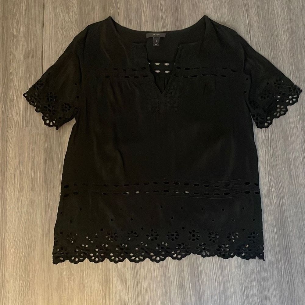 J. Crew Black Short Sleeve Top Blouse 100% Silk Top Floral Size 6 Size Small